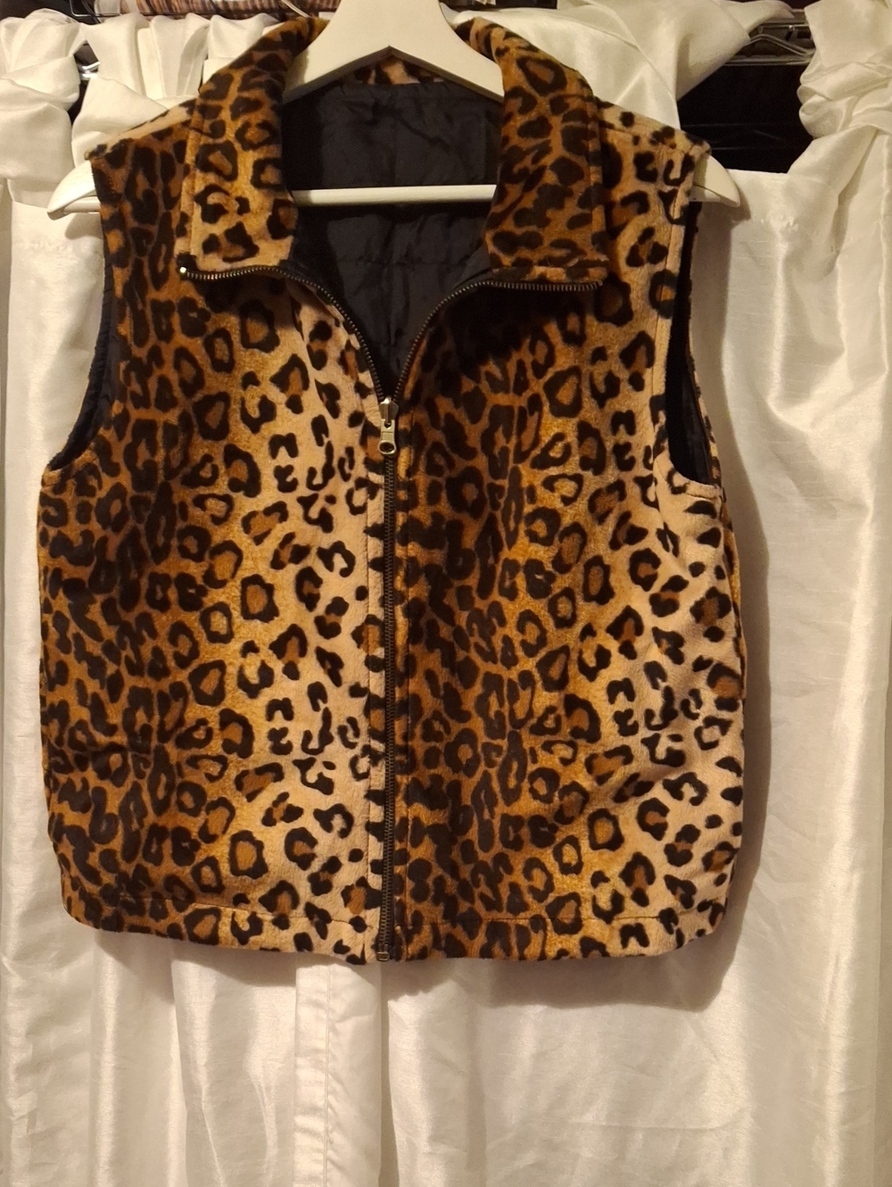 Faux Fur Leopard Print Zip-Front Vest - Brown/Black